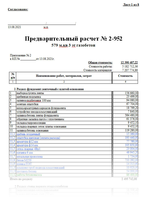 Пример предварительного расчета