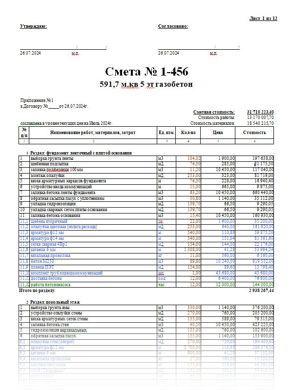 Пример сметы на строительство